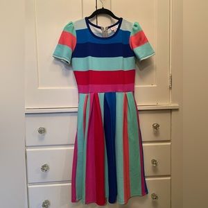 Lularoe Amelia multi colored stripe dress size small with pleats and pockets